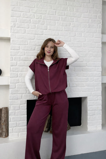 Paraşüt Kumaş Detaylı Yelekli Modal Alt Üst Şık Takım