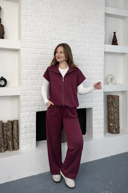 Paraşüt Kumaş Detaylı Yelekli Modal Alt Üst Şık Takım