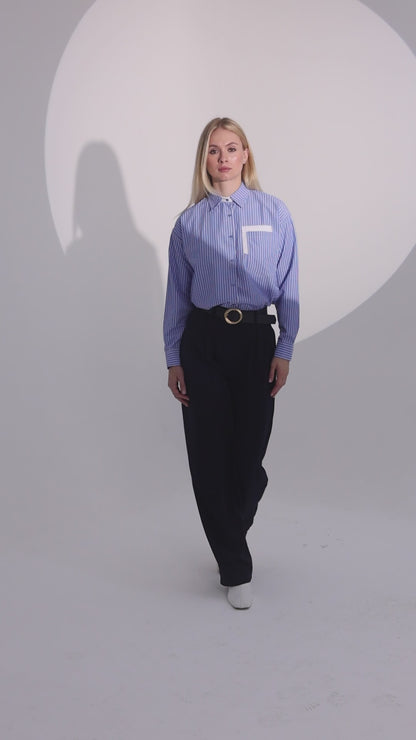 Lacivert palazzo kemerli kumaş pantalon