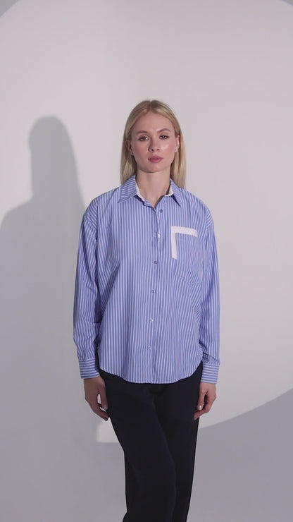 çift renk cepli çizgili mavi oversize gömlek