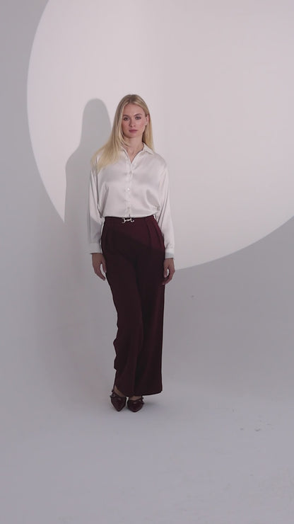 Bordo palazzo kalıp kemer tokalı kumaş pantalon