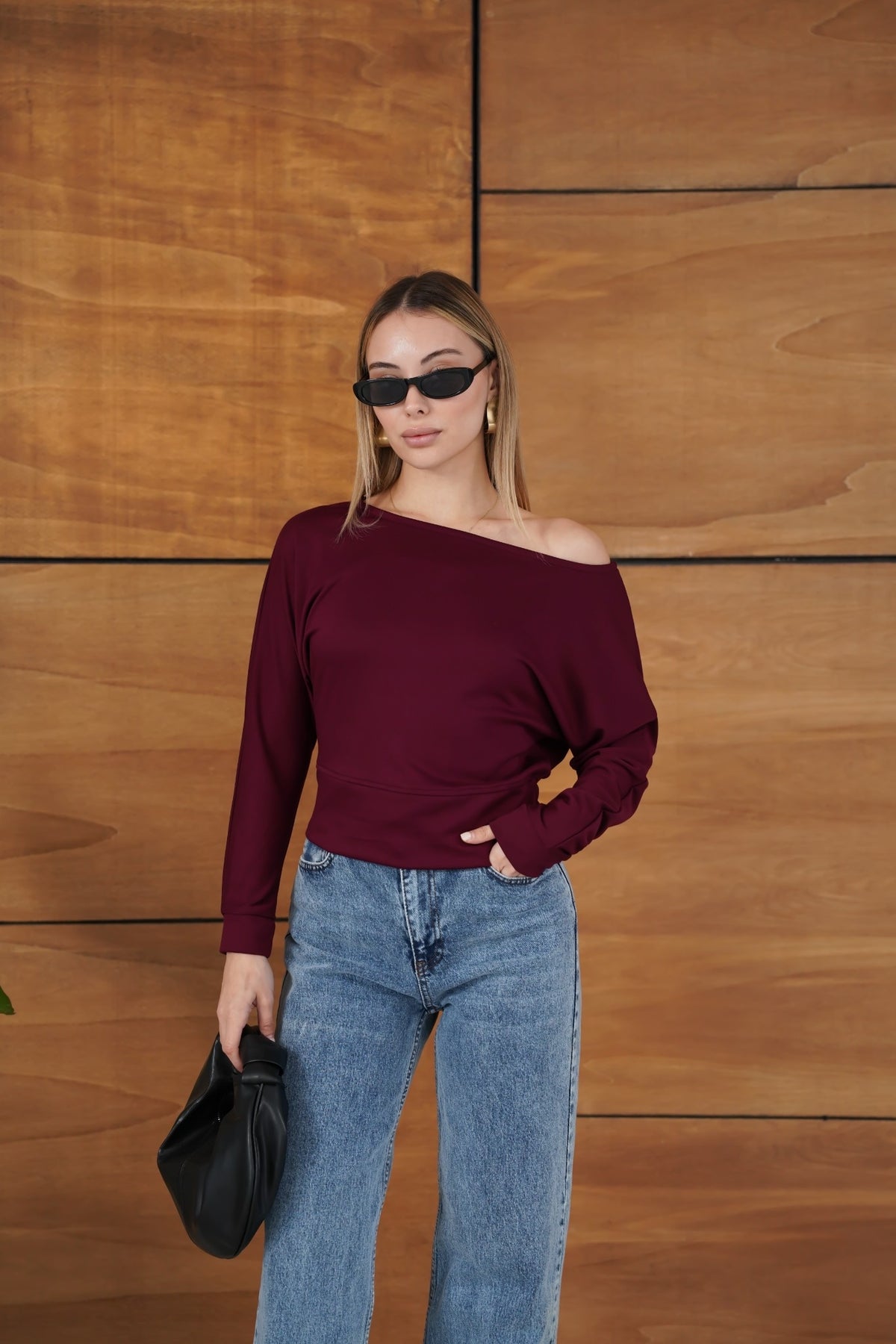 Kayık Yaka Uzun Kollu Basic Modal Bluz